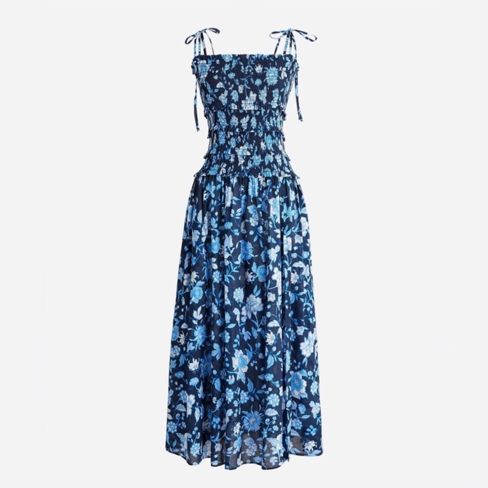 J. Crew Smocked midi dress in midnight-blue floral Size Small. 100% cotton